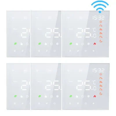 A grid of six smart thermostats displayed on a white background.
