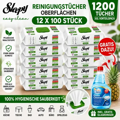 Produktbild von Sleepy Easy Clean Oberflächenreinigungstücher – 12x100 Anannas + Glasreiniger GRATIS