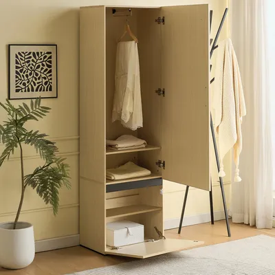 Produktbild von okwish Garderobenschrank Eckkleiderschränke mit integriertem Spiegel und Metallstange,Flurschrank Drehtürenschränke mit Metallgriffe und Scharniere,Holzfarbe