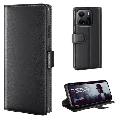 A collage of images showing a black leather flip phone case for a Xiaomi Redmi Note 14, including a closed case, a case with the phone inside, and the case used as a stand for the phone.