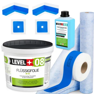 Image de Kit d'étanchéité Feuille liquide 7kg Bande d'étanchéité 5mb Mat 1mb Primer 1l Douche - LEVEL+ SET344