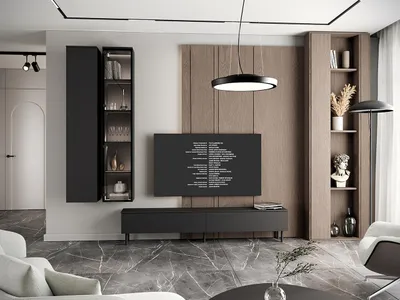 Produktbild von Wohnwand FIGO 1 Schwarz mit TV-Lowboard 200 cm, Hängeschrank und PUSH-TO-OPEN Funktion