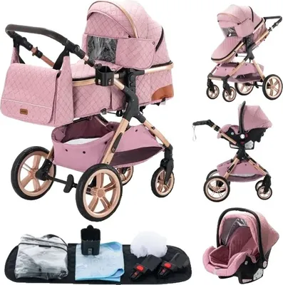 Produktbild von Luxus-Kinderwagen, praktisches faltbares Design, Sicherheitssitz entspricht EU-Vorschriften, Pink