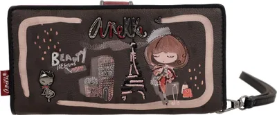 A brown wallet with a Parisian-themed illustration, featuring a cartoon girl, the Eiffel Tower, and a cat.