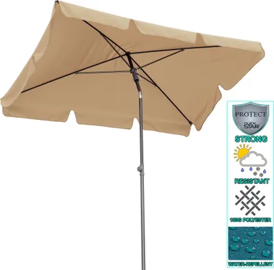 A rectangular patio umbrella in tan color, shown from a low angle against a white background. The umbrella is open, revealing its metal frame and fabric canopy. To the right of the umbrella, there is a promotional graphic with text and icons.