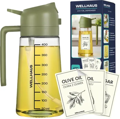Immagine prodotto di WELLHAUS Dosatore per olio d'oliva e spruzzatore 2in1 – Dosatore in vetro da 470 ml con protezione UV, a tenuta di luce, versatore e spruzzatore per friggitrice ad aria calda, cucina, cottura, frittura, insalata, griglia e barbecue