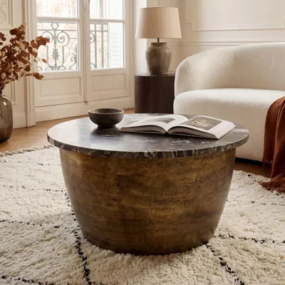 Image de FineBuy : table basse en métal avec plateau en marbre noir, 60 cm, table de salon, table basse ronde, table basse massive, table d'appoint, fabriquée à la main