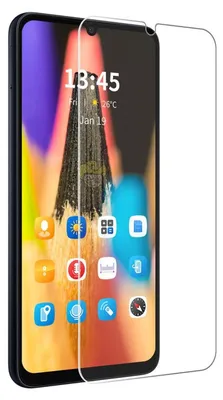 A screen protector is shown placed over a smartphone screen, which displays a colorful wallpaper and app icons.