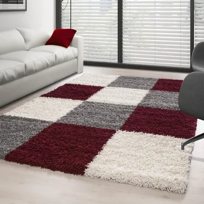 Zdjęcie produktu dla Dywan do salonu z wysokim włosiem, w kratę, długie runo, shaggy, nowoczesny i puszysty, Rozmiar: 120 x 170 cm, Kolor: Czerwony
