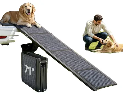 Obrázek produktu pro VEVOR rampa pro psy, 180 x 43,2 cm, skládací rampa pro střední a velké psy do 113 kg, schůdky pro psy s protiskluzovým povrchem z plstěného koberce, přenosná pomůcka pro nástup do vozu SUV a nákladního automobilu