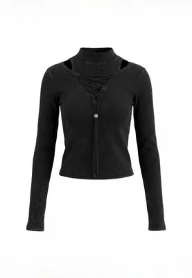 Produktbild von Schwarze Bluse Größe M aus weichem Strickstoff mit langen Ärmeln, Cut-Outs und Stehkragen