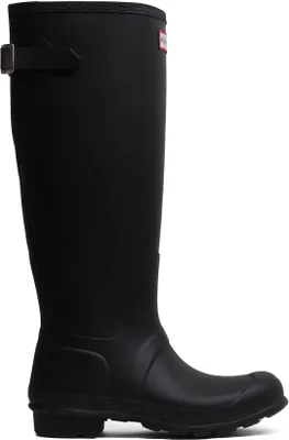 A black Hunter rain boot shown from the side.