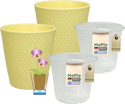 Produktbild von MePla - 2 Stück - Orchideenübertopf Harlekin ø 14 Vanille + Pflanztopf Orchidee ø 12