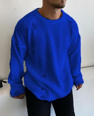 Produktbild von Männer Knit mit Riss Drop Shoulder Pullover Oversize XL Blau