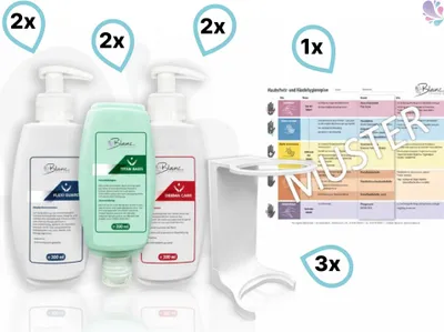 Produktbild von Hautschutzprogramm KOMPLETT-SET Mini-Fix, 6x300 ml Flaschen + Wandhalterungen + Hautschutzplan : Farbe - Weiß Farbe: Weiß