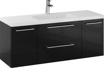 Produktbild von Rosen 120 cm Badezimmerschrank in Schwarz Hochglanz mit Waschbecken und Chrom-Griffen - Zeitloses Design für ein elegantes Bad
