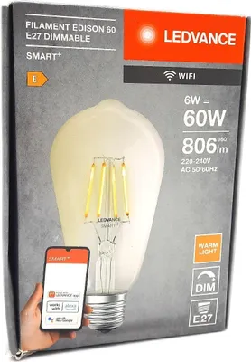 Produktbild von LEDVANCE SMART+ WiFi Filament Edison Dimmable, Intelligentes Leuchtmittel, WLAN, Transparent, Integrierte LED, E27, Tropfenförmige Glühbirne