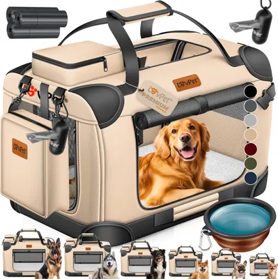 Produktbild von LOVPET® Hundebox Hundetransportbox faltbar Inkl.Hundenapf Transporttasche Hundetasche Transportbox für Haustiere, Hunde und Katzen Haustiertransportbox, Beige, XXL