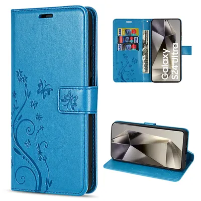 A collage of images showing a blue flip-style phone case with a floral and butterfly embossed design, including views of the case open with cards inserted and the phone inside.