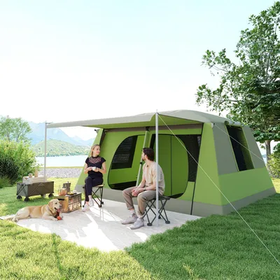 Produktbild von Tunnelzelt 4 Personen mit Vordach, 2 Schlafkabinen Campingzelt, Armeegrün | 405 x 305 x 225 cm | 2000 mm Wassersäule | 15 kg