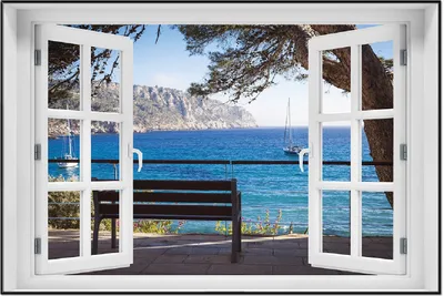 Produktbild von Wallario Wandbild mit Fenster-Illusion: Einsame Bank am Meer - Spanien im Sommer, Größe: 61 x 91,5 cm, Poster mit schwarzem Aluminiumrahmen