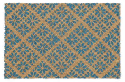 Image de Tapis d'entrée Relaxdays en fibre de coco, motif floral, tapis d'extérieur et d'intérieur, tapis en fibre de coco caoutchouté 60 x 40 cm, bleu/naturel