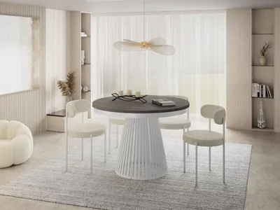 Produktbild von Esstisch Rund Ausziehbar mit Lamellen im Loft-Stil – 100 bis 180 cm – Industrieller Tisch mit Weißen Metallbeinen, Platzsparend für Wohnzimmer oder Esszimmer – Beton-Optik Dunkelgrau