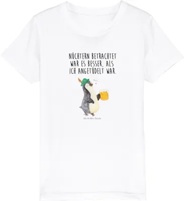 Produktbild von Mr. & Mrs. Panda Kleinkinder T-Shirt Pinguin Bier 7-8 Jahre (122/128) - Weiß - Geschenk, Angetüdelt, Feierabend, Kinder Bio, Öko, , Kindershirt, Teenager