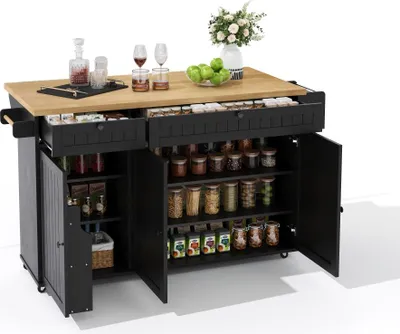 Produktbild von AIORBER Kücheninsel auf Rollen, klappbare Arbeitsplatte, 2 Schubladen, Regal, Tür, groß, mobil, Schwarz/Weiß, 137×89,5×45 cm