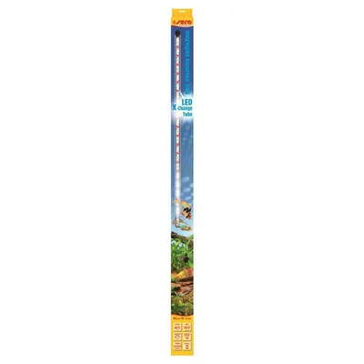 A product package for a sera LED daylight sunrise light tube, showing aquatic imagery and product details.