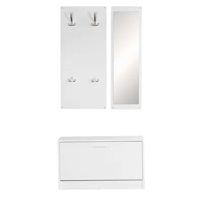 Produktbild von Wand-Garderobe SALERNO mit Spiegel & Schuhschrank Spanplatte weiß, Moderne Flur-Kompaktgarderobe für Jacken & Schuhe, Komplettgarderobe