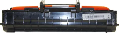 A black and orange toner cartridge is shown against a white background.