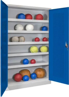 Produktbild von Ballschrank - Lochfeldtüren - 5 Böden - 1.950x1.200x500 mm (HxBxT) - resedagrün/lichtblau