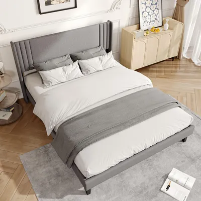 Obrázok produktu pre UnboxG Plátnová posteľ, sivá, 140 x 200 cm, zapustené čelo, drevený rošt, pevná konštrukcia, tichá prevádzka, úložný priestor, jednoduchá montáž, bez matraca
