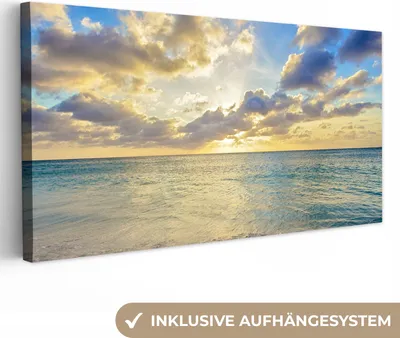 Produktbild von MuchoWow® - Leinwandbilder - Meer - Strand - Wolken - Sonne, Wandbild, Wanddeko Bilder Wohnzimmer, 80x40 cm