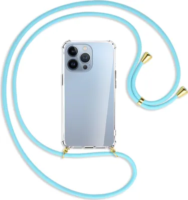 Produktbild von Handykette Backcover-Schutzhülle mit Band (Metall goldfarben) für Apple iPhone 13 Pro - himmelblau