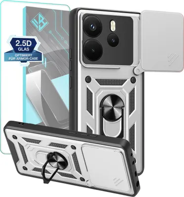 Produktbild von Armor Handyhülle für Xiaomi Redmi Note 14 mit 9H Displayglas Displayschutz Kameraschutz Handy Panzer Case Cover Schutzhülle Outdoor Farbe: Silber