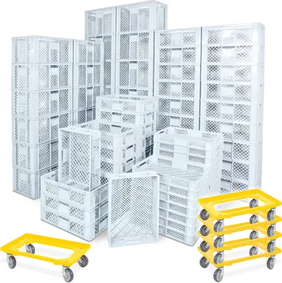 Produktbild von 78 Stück Stapelkörbe/Bäckerkästen in 5 Größen, Grundmaß LxB 600 x 400 mm, H 90 mm, 150 mm, 240 mm, 320 mm, 410 mm, Farbe weiß + 5x Transportroller, gelb