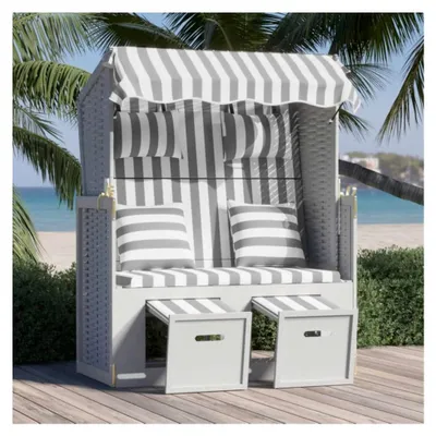 Produktbild von Strandkorb mit Kissen aus Poly Rattan und Massivholz in Grau und Weiß