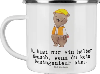 Produktbild von Mr. & Mrs. Panda Emaille Becher Bauingenieur Herz - Weiß - Geschenk, Teetasse, Kaffeepott, Tasse, Baustelle, Studium, Pott, Beruf, Spruch, emaillebecher