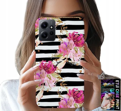 Zdjęcie produktu dla Etui Do Xiaomi Note 12 4G - Kwiatki W Czarno - Białe Paski Wzory