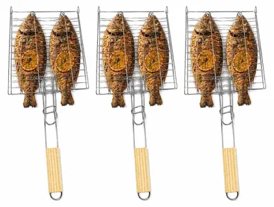 Produktbild von Fischbräter 3er Set mit Holzgriff 23,5 x 23,5 cm – Fischkorb Grillkorb Fischhalter für Fisch, Forelle, Lachs und Gemüse – BBQ Grillzange für Gasgrill und Holzkohlegrill