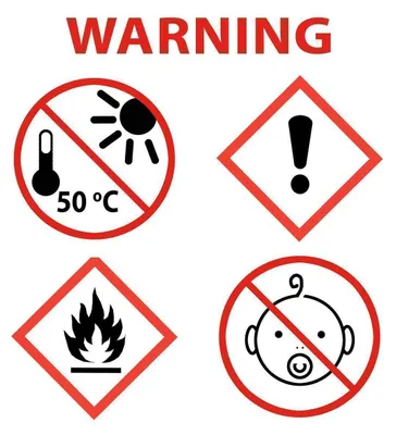 Four safety warning symbols are displayed on a white background, with the word "WARNING" at the top.
