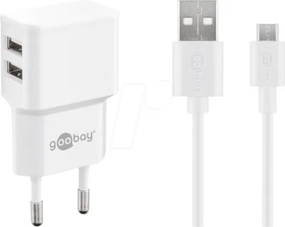 Obrázok produktu pre Goobay 44985 Micro-USB duálna nabíjacia súprava (12 W), biela, 1 m - Napájacia jednotka s 2x USB portami, micro USB kábel, 1 m, biela