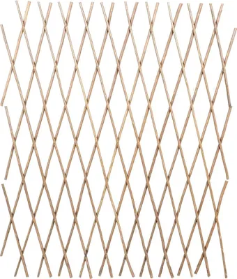 A wooden lattice fence against a white background.