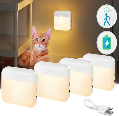 Obrázek produktu pro 4 kusy nočního světla, teplá bílá, dobíjecí USB s detektorem pohybu（soumrakový senzor） LED osvětlení skříně, magnetické