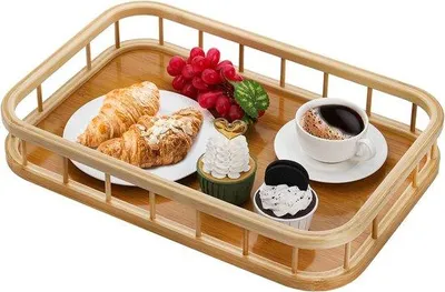Produktbild von Unyqoos® Bambus-Serviertablett, rechteckig mit Griff – Deko- & Frühstückstablett 18" x 12" x 3" für Kaffee, Kuchen, Obst