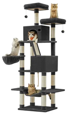 Produktbild von Feandrea Kratzbaum groß, 203,5 cm hoch, XXL Katzenbaum, mit 13 Kratzsäulen, 2 Plattformen, 2 Höhlen, Korb, Hängematte, Plüschbälle, mehrstöckiger Katzenkratzbaum, tintenschwarz PCT190B01