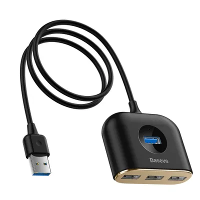 A black USB hub with gold trim and a black cable is shown against a white background.