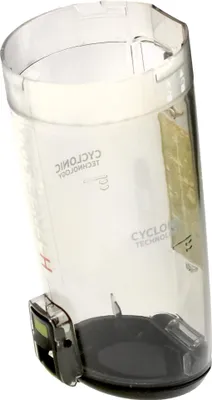 A clear plastic dustbin for a vacuum cleaner, shown against a white background.